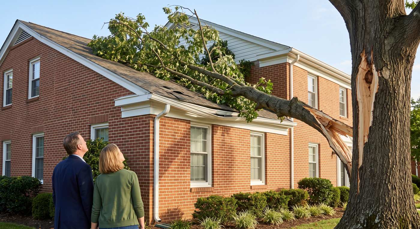 Homeowners inspecting a large tree limb that has fallen onto the roof of their brick home after a storm, the kind of property damage that leads to an HOA insurance claim