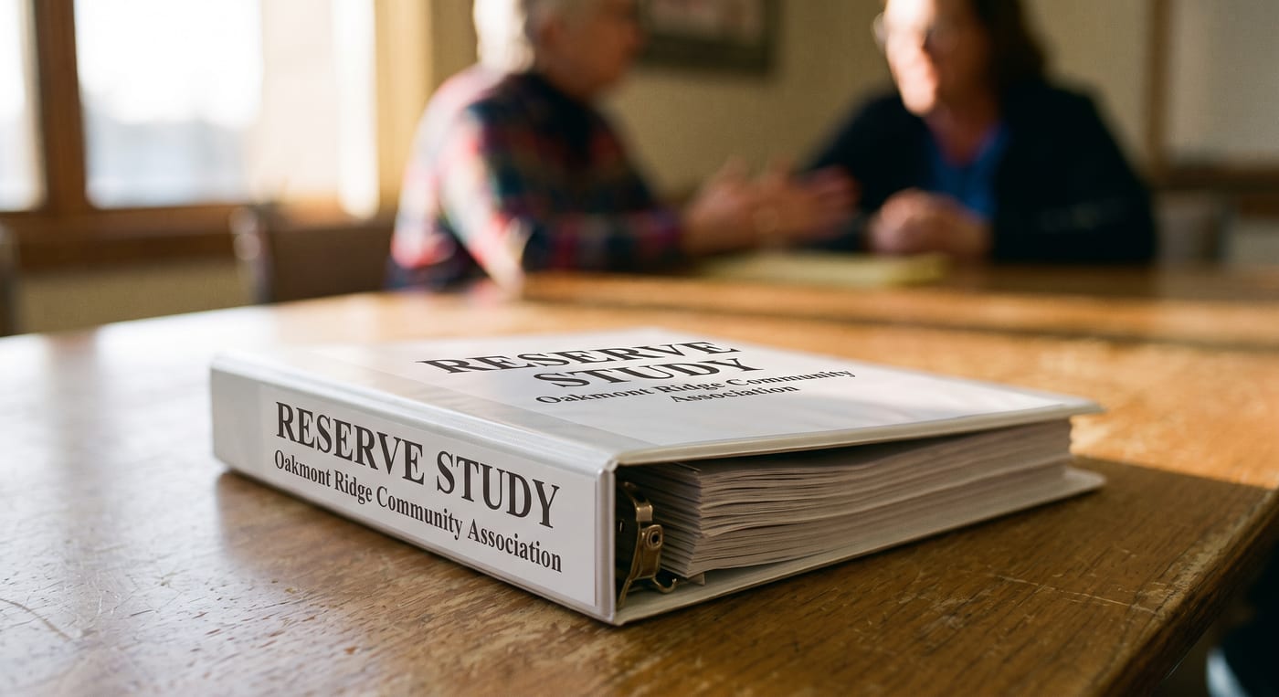 Reserve study binder on a community room table before an HOA board budget meeting