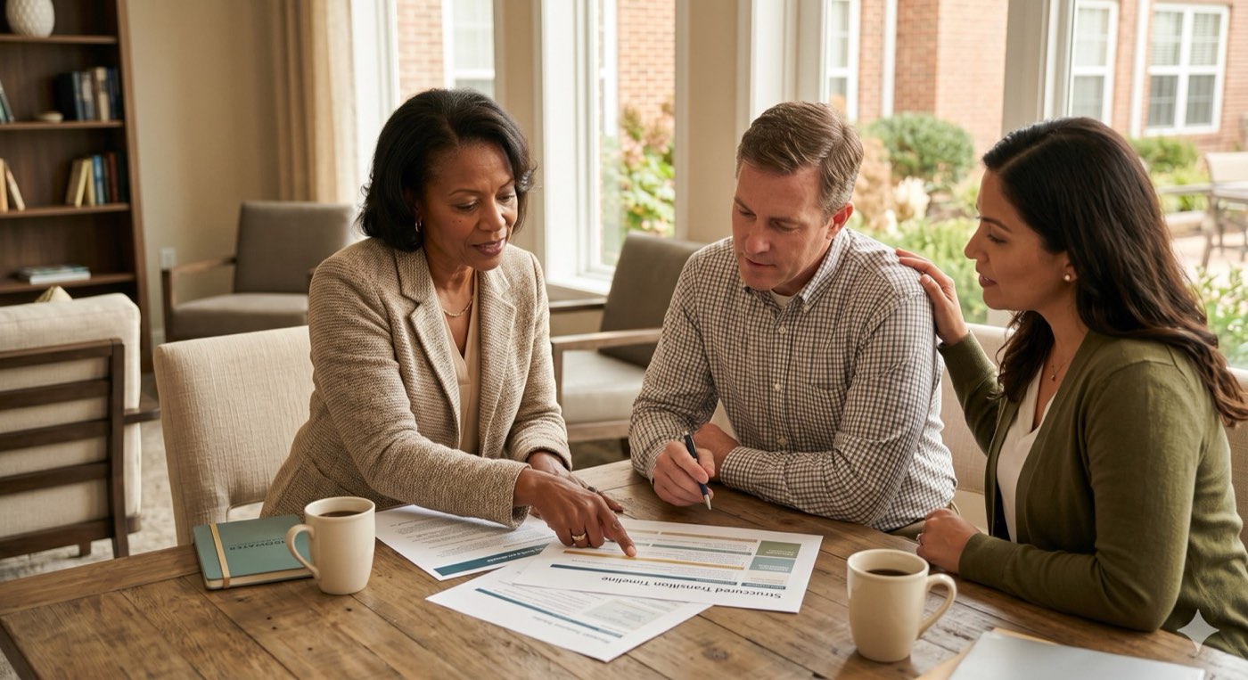 HOA board members reviewing management company transition documents