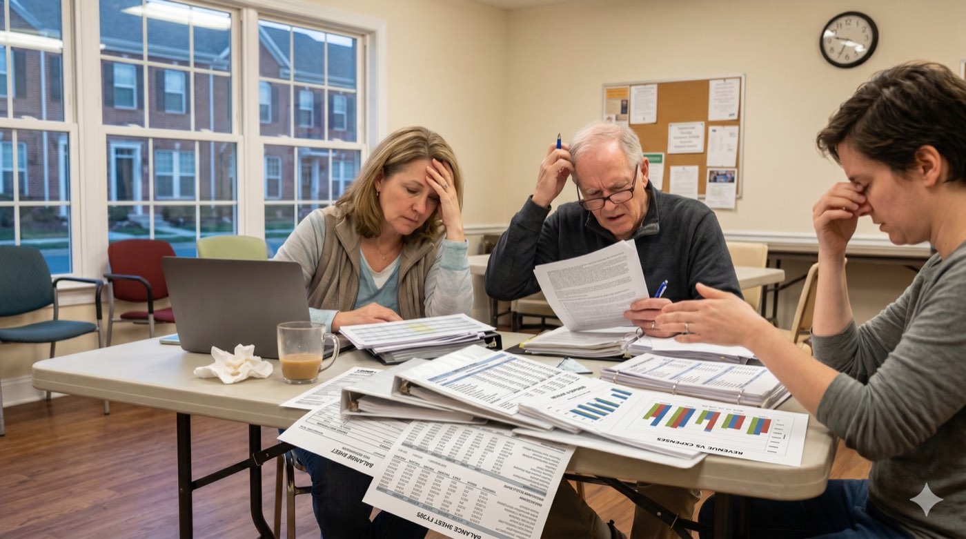 Self-managed HOA board members reviewing financial documents at a community meeting