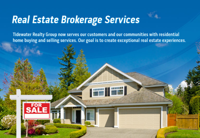 House with red for sale sign and text reading real estate brokerage services