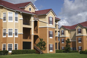 Apartment building in an apartment complex.