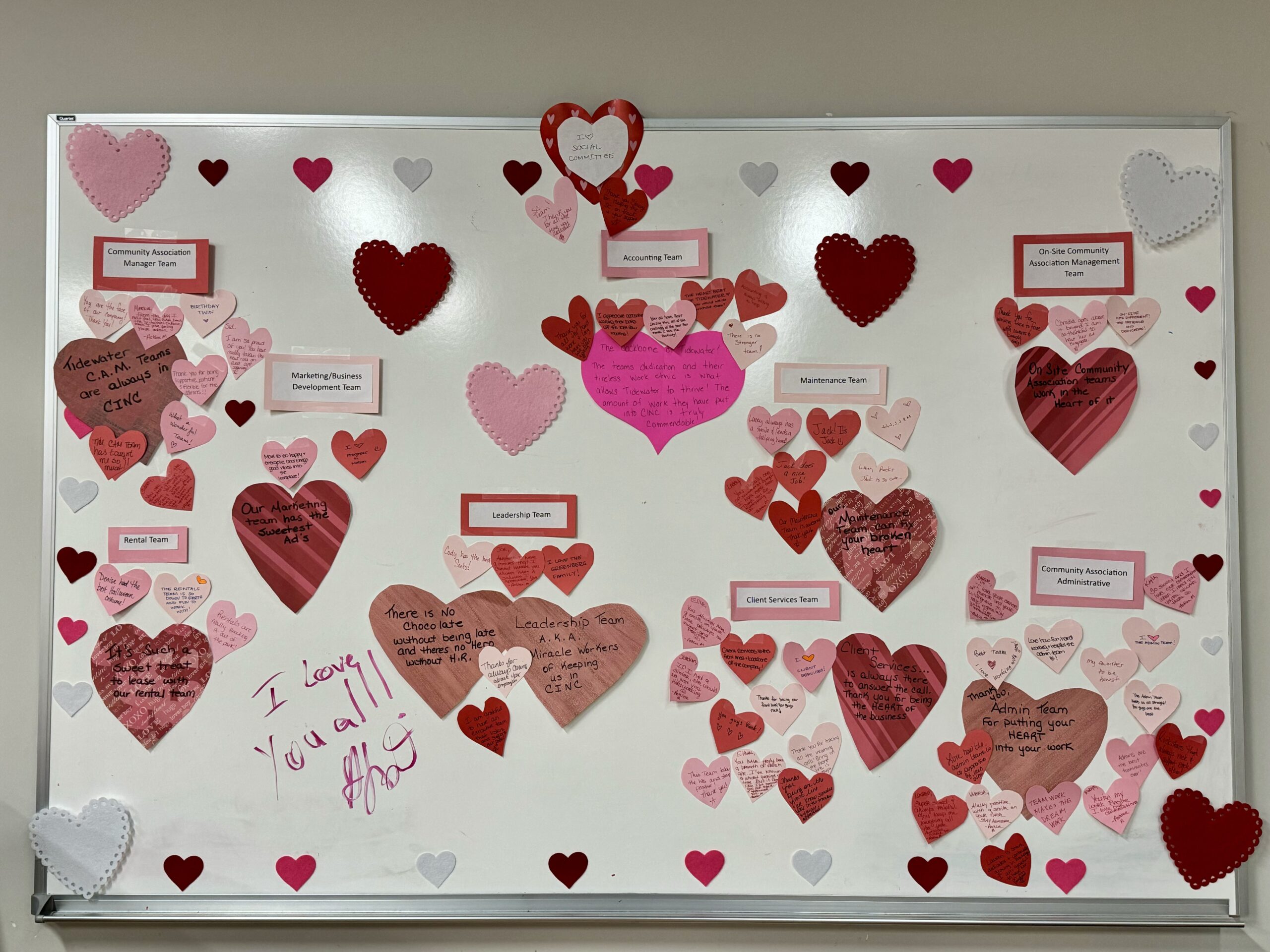 A whiteboard with valentines day notes